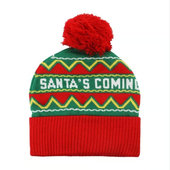 Buddy thge Elf Santa's Coming Red & Green Pom Pom Beanie Hat - Picture 3 of 6